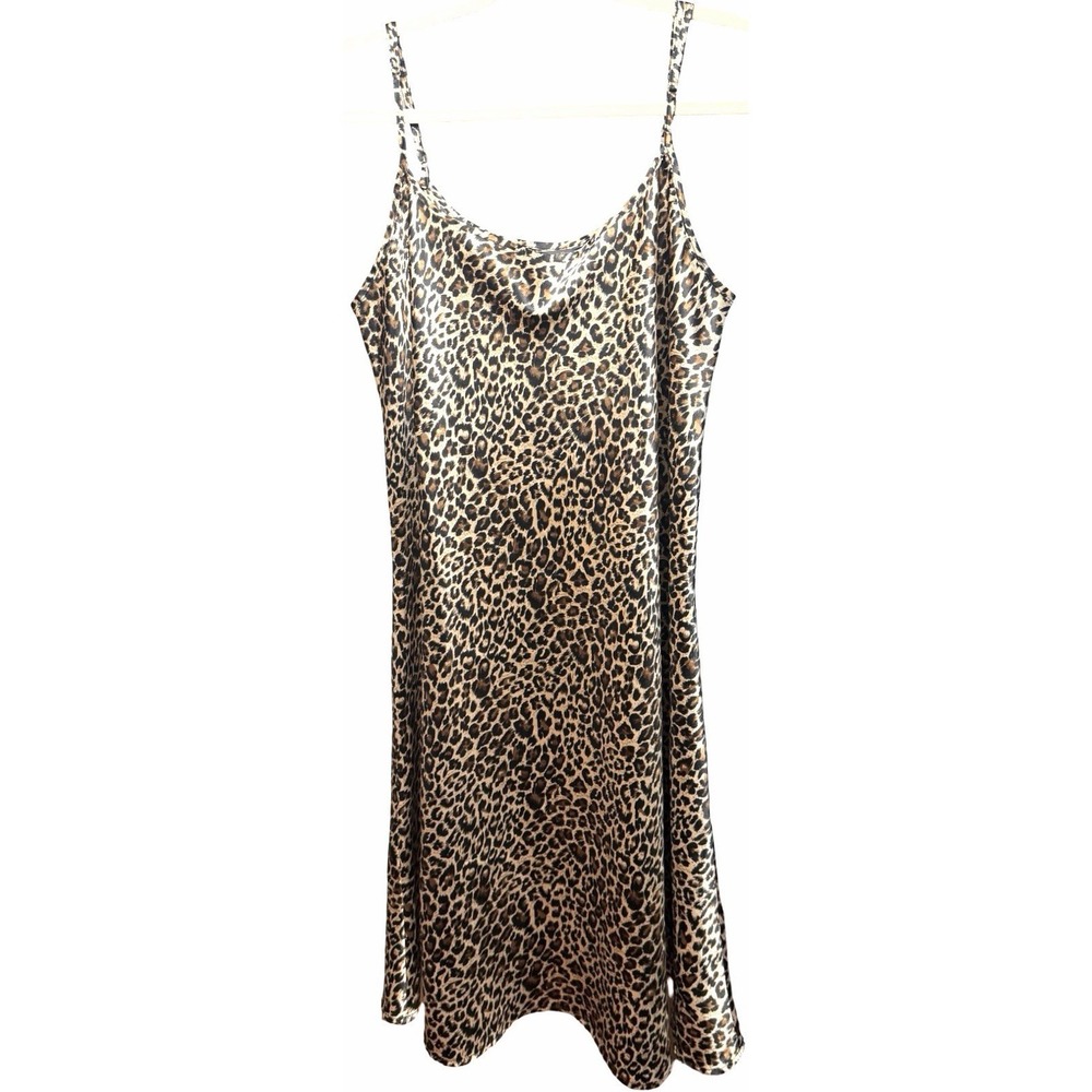 Alexander Del Rossa Leopard Satin Nightgown 2X Animal Print Slip Dress